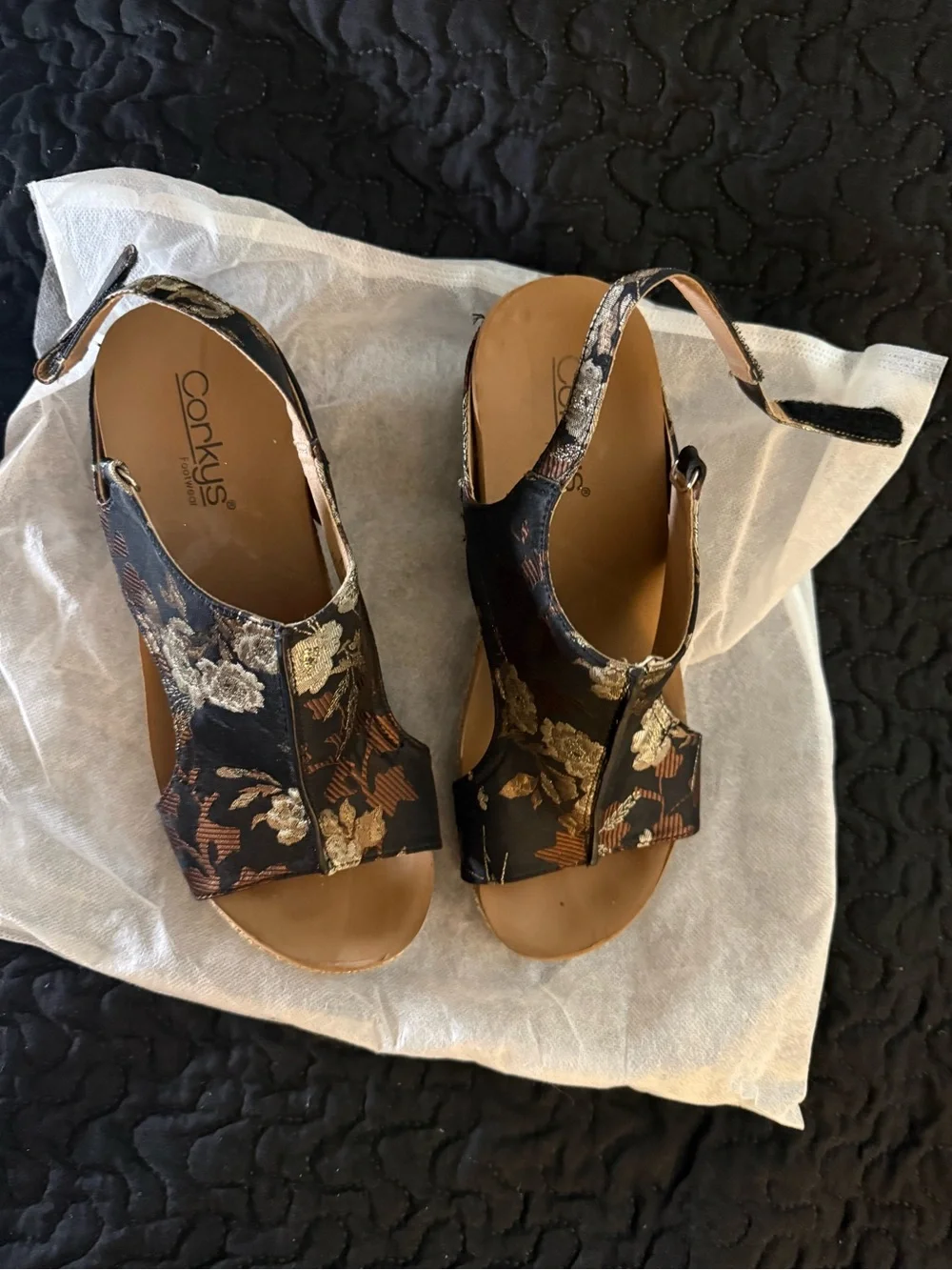 Corkys Black Floral Embroidered Slingback Wedge Sandals